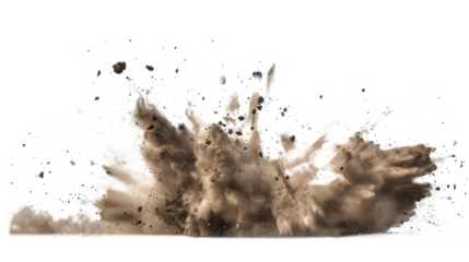A dramatic explosion of dirt and debris captured in mid-air against a white background.
