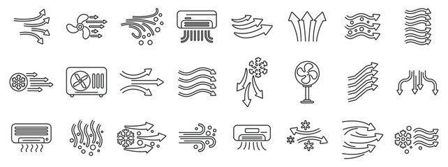 Cold air flow icons set. This set of icons depicts various aspects of airflow, including air conditioning, ventilation, and fans