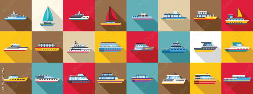 Poster Luxury trip boat icons set. Set of different passenger and cargo ships for water excursion or trip presenting cruise liners and sailboats with long shadows on colorful background