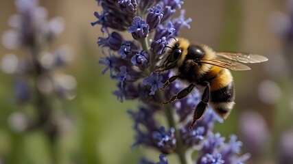 Close-up of a Bumblebee Pollinating Lavender Flower on Transparent Background