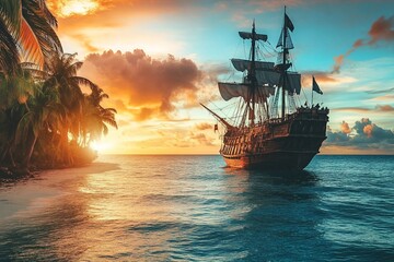 a pirate ship sailing in the ocean at sunset