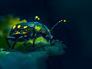 Macro Photography of a Green and Blue Beetle on a Leaf