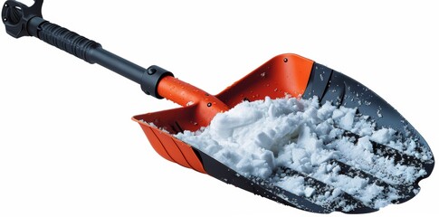 Large snow-clearing shovel with wide plastic blade and ergonomic handle on white background. Heavy-duty removal tool concept