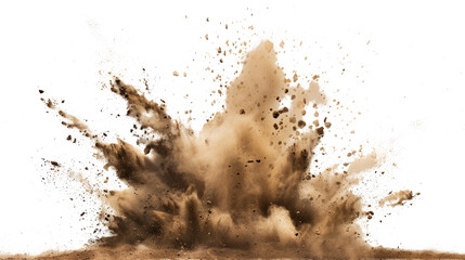 A powerful burst of brown earth and rocks explodes from the ground against a white background.