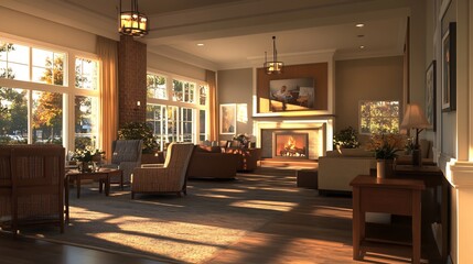 Fototapeta premium Spacious Living Room with Warm Lighting and a Cozy Fireplace