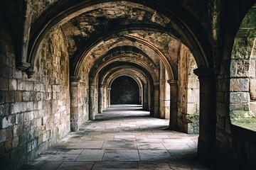 a long hallway with stone walls and arches