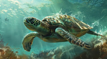 Obraz premium Green Sea Turtle Swimming Through Underwater Coral Reef