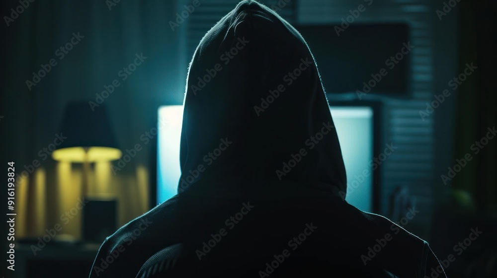 Poster hooded figure in front of computer screen