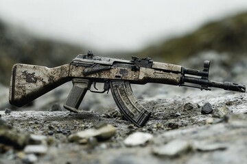 a close up of a toy gun on a rocky surface