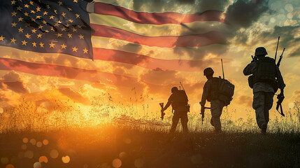 Silhouettes of Soldiers Against a Sunset and American Flag.