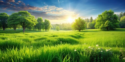 Fototapeta premium Lush green meadow with vibrant grass and plants , lawn, field, meadow, green, grass, plant, nature, outdoor, fresh