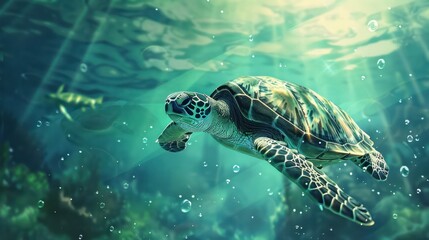 Fototapeta premium Sea Turtle Swimming in Blue-Green Water with Sunbeams