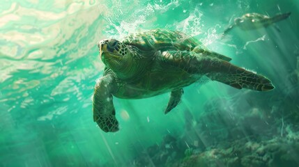 Obraz premium Green Sea Turtle Swimming Through Turquoise Water