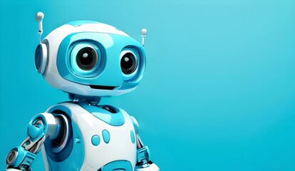 Friendly Robot with Blue and White Design on a Turquoise Background, White happy cute friendly and cheerful robot on turquoise background. Generative AI