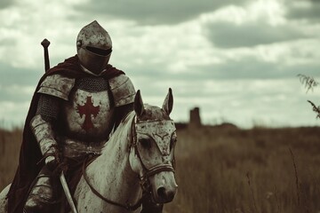 a man in armor riding a horse through a field