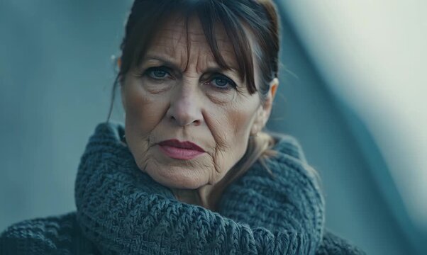 Medium shot portrait video of a serious Russian woman in her 40s wearing a cozy sweater against an abstract background 