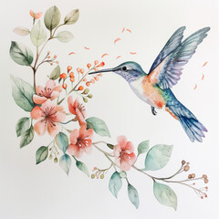 A colorful hummingbird hovering near vibrant flowers in a botanical illustration.