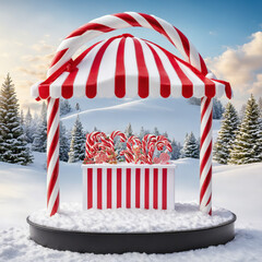Christmas candy cane product display podium in the snow with product presentation space in a winter wonderland, Christmas scenery, candy cane podium with presentation space, ad, podium platform