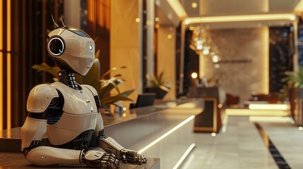 Fototapeta premium Futuristic robot sitting at a reception desk in a modern building.