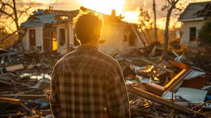 Fototapeta premium Man standing amidst debris of a destroyed house during sunset