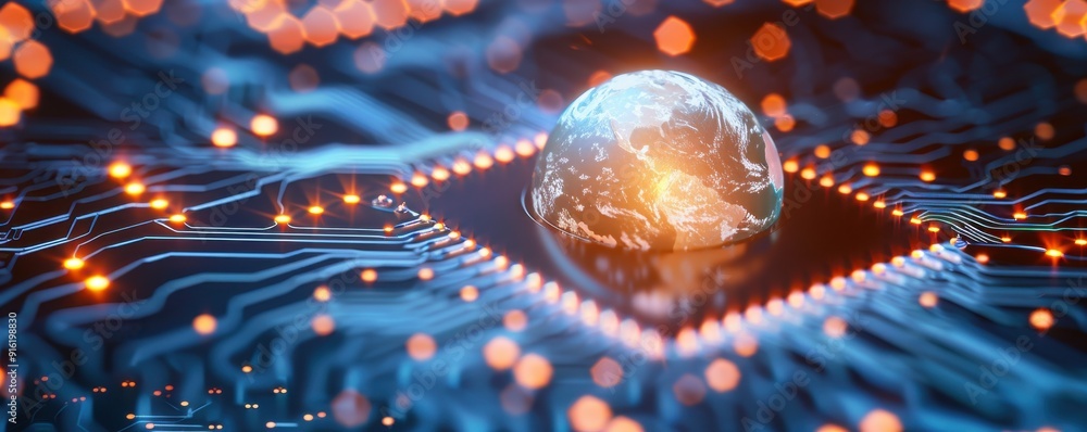 Poster a futuristic circuit board with a glowing globe, symbolizing advanced technology and connectivity in