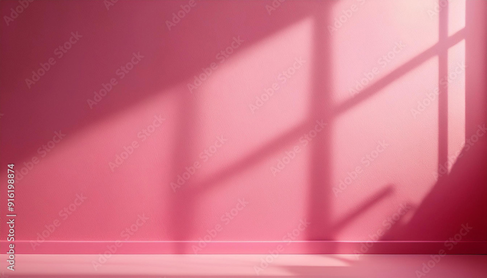 Poster wall interior background, studio and backdrops show products. with shadow from window color pink bac