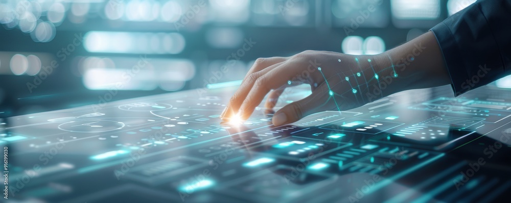 Poster a hand interacting with a futuristic touch screen display. emphasizing technology and innovation in 