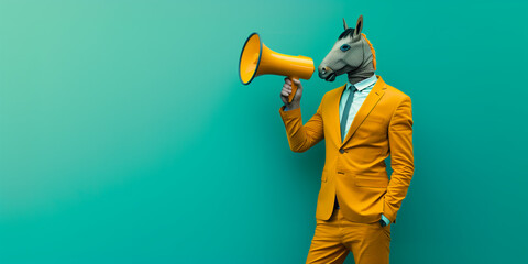 A person in a horse mask and a yellow suit holding a megaphone against a teal background.