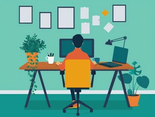 A modern workspace featuring a person at a desk, surrounded by plants and motivational posters, ideal for creative productivity.
