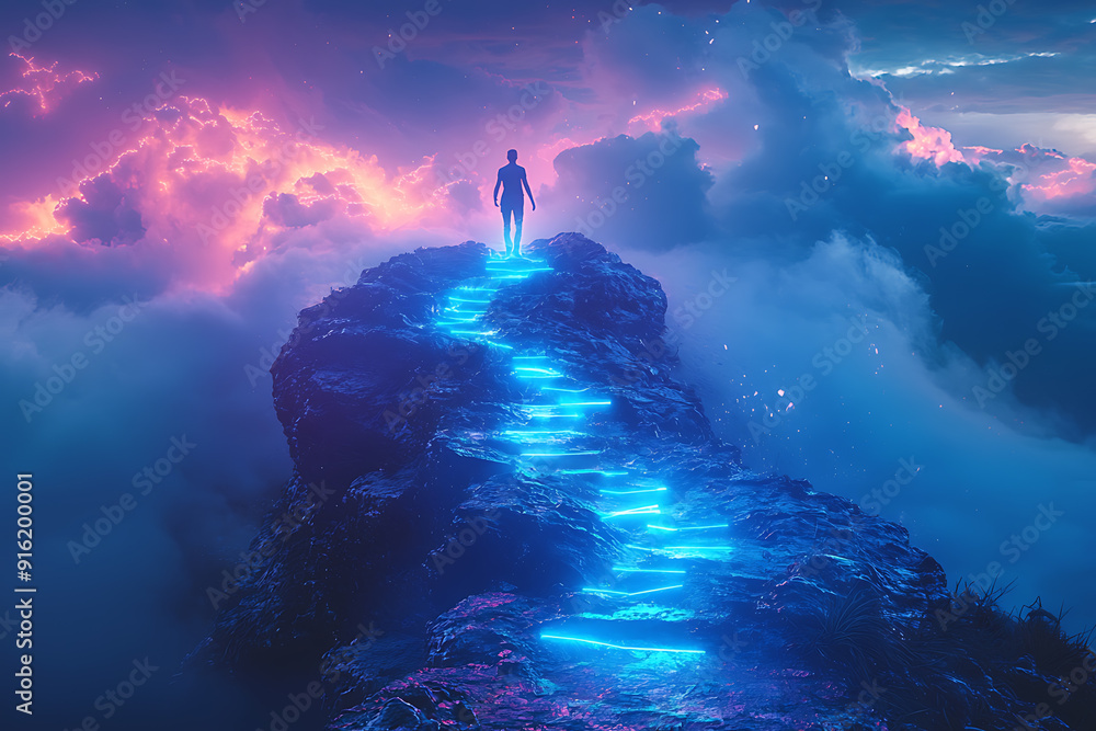 Poster a sharp mountain with a glowing blue neon path of steps leading to the top, where a man stands with.