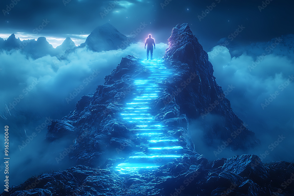Poster a sharp mountain with a glowing blue neon path of steps leading to the top, where a man stands with.