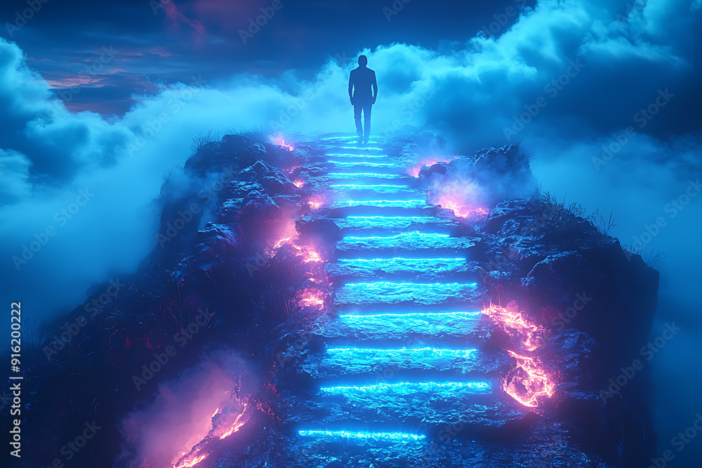 Poster a sharp mountain with a glowing blue neon path of steps leading to the top, where a man stands with.
