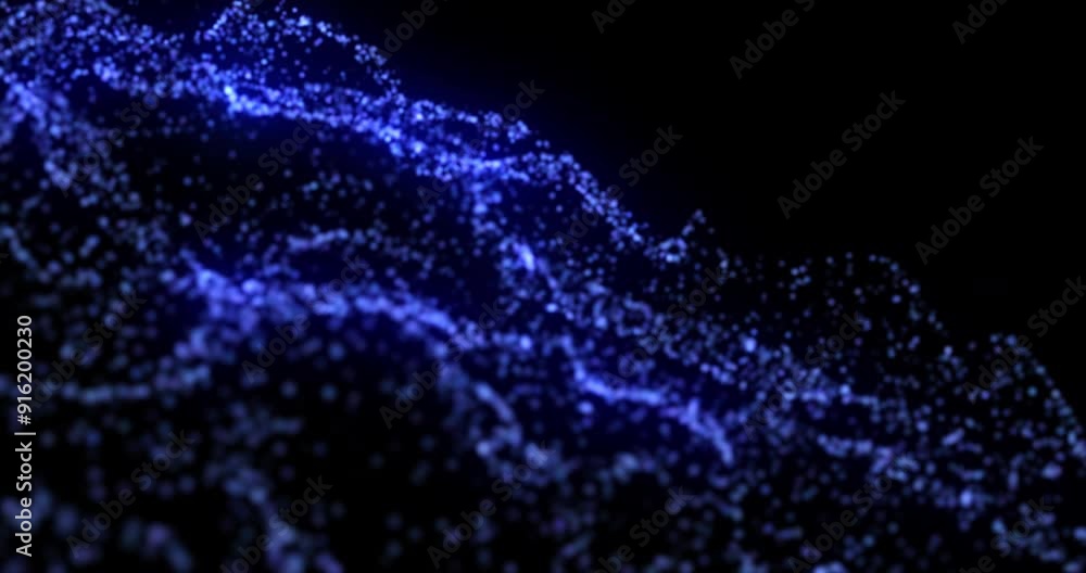 Leinwandbilder Animation, data stream and network flow with blue particles on black background for communication. Connectivity, future and graphic with cloud computing or information technology in dark cyberspace