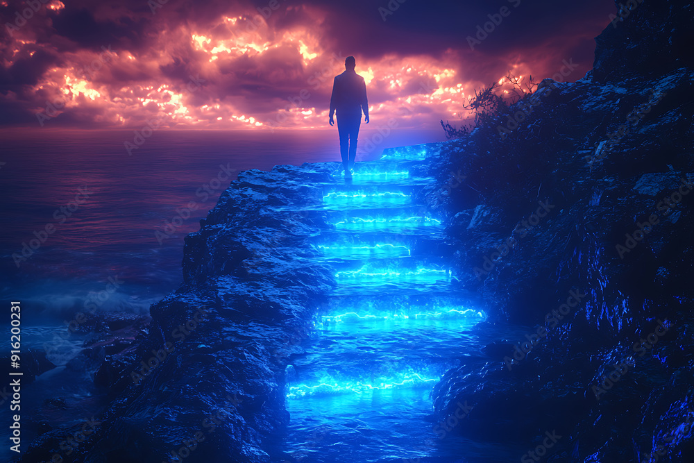 Poster a sharp mountain with a glowing blue neon path of steps leading to the top, where a man stands with.