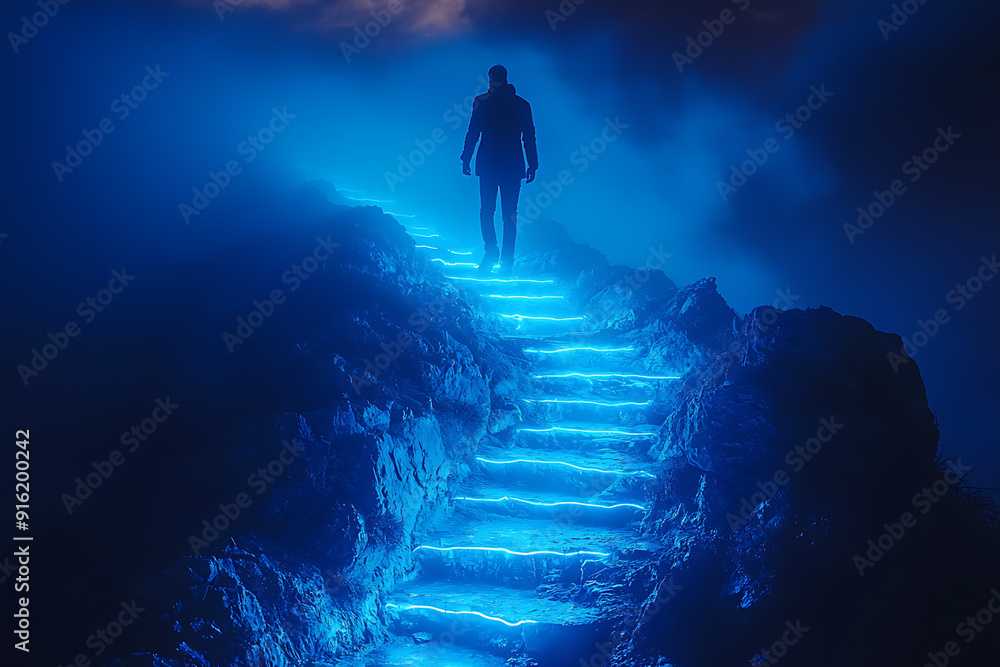 Poster a sharp mountain with a glowing blue neon path of steps leading to the top, where a man stands with.