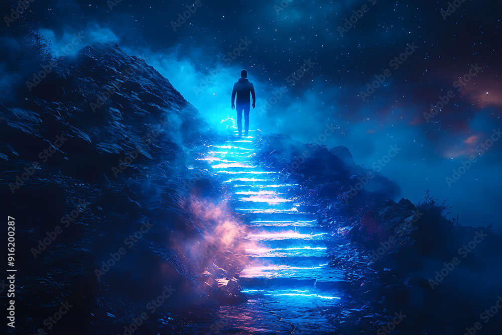 Poster a sharp mountain with a glowing blue neon path of steps leading to the top, where a man stands with.