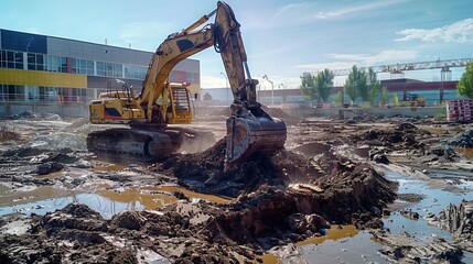 Fototapeta premium Excavator working on a construction site with muddy ground during the day