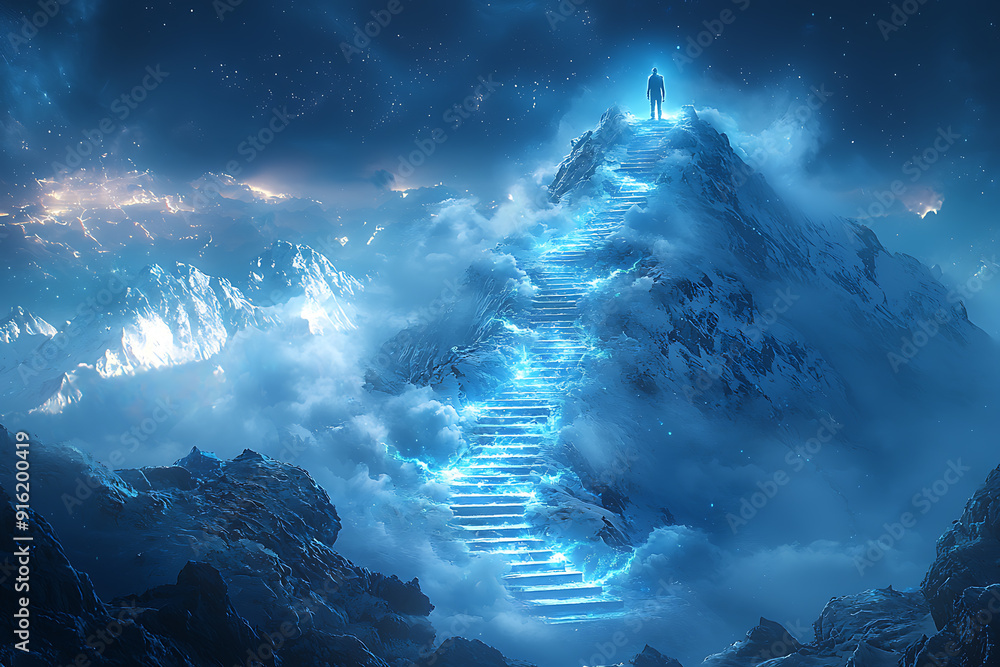 Poster a sharp mountain with a glowing blue neon path of steps leading to the top, where a man stands with.