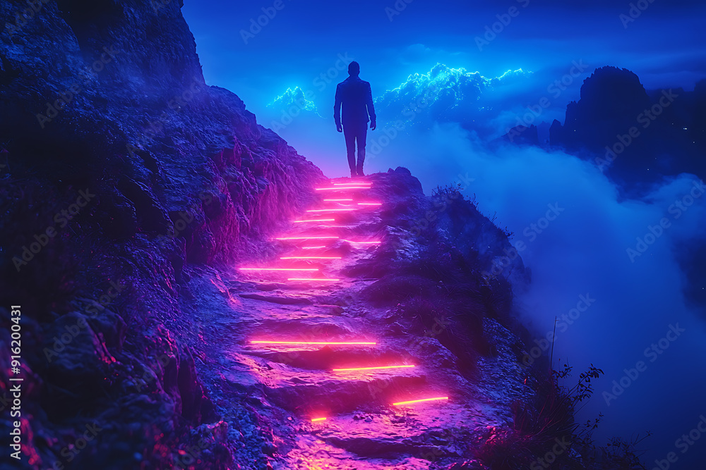 Poster a sharp mountain with a glowing blue neon path of steps leading to the top, where a man stands with.