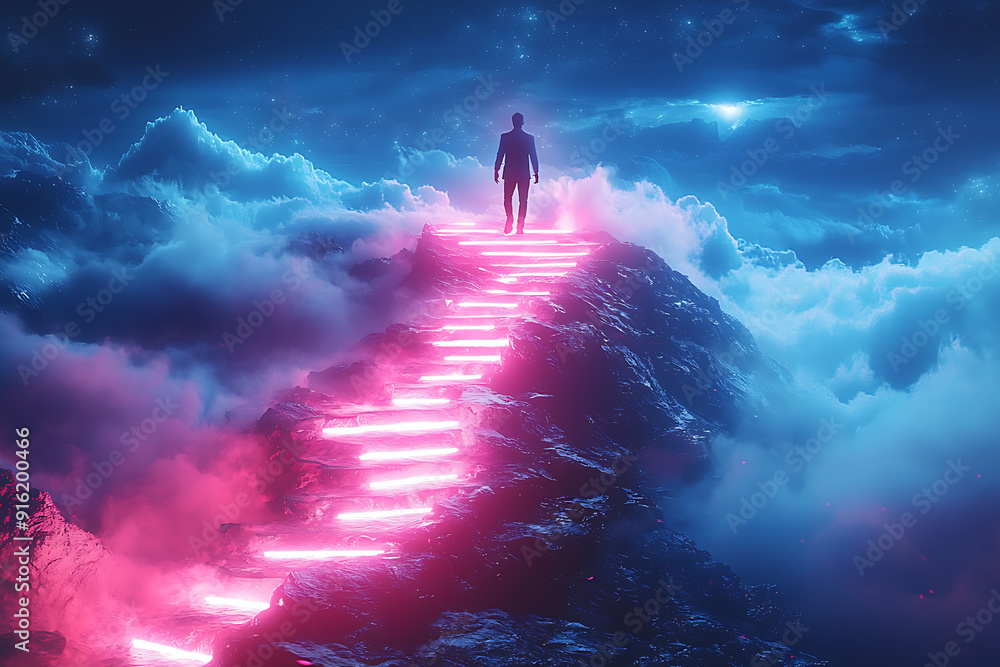 Poster a sharp mountain with a glowing blue neon path of steps leading to the top, where a man stands with.