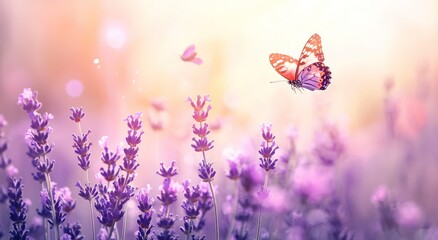 Butterfly Flying over a Lavender Field