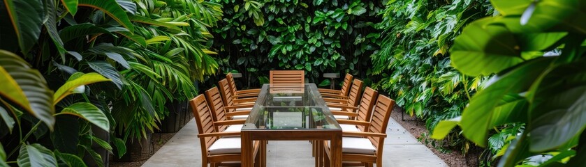 Obraz premium A serene meeting space surrounded by lush greenery, featuring a glass table and wooden chairs for an inviting atmosphere.