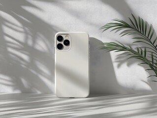 Minimalist phone case mockup placed on a plain background with subtle highlights