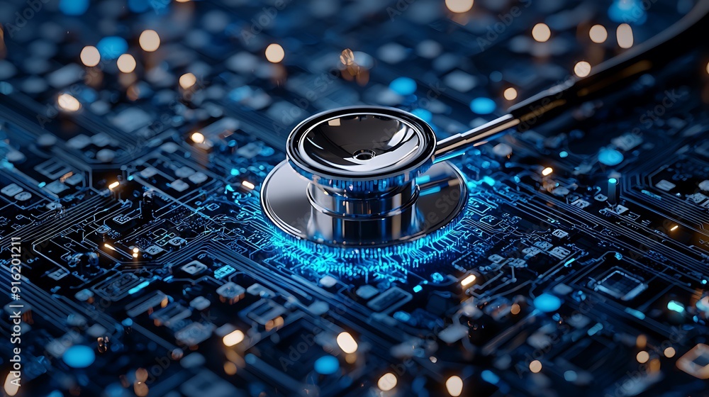 Poster intricate electronic circuitry, a dense network of microchips and components on a computer motherboa