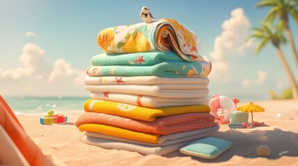A pile of colorful beach towels stacked on the sand, with a beautiful sunset in the background an atmosphere that evokes summer joy