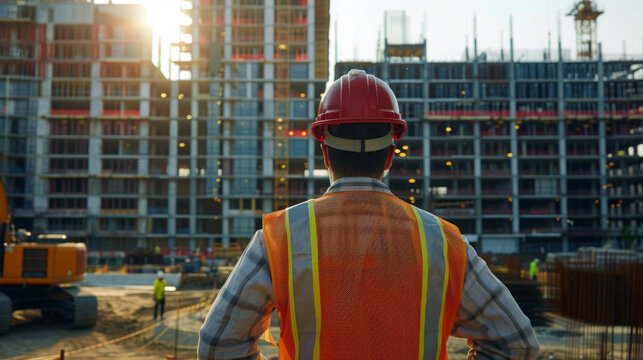 Construction worker in a hard hat and safety vest looks over a building under construction.
