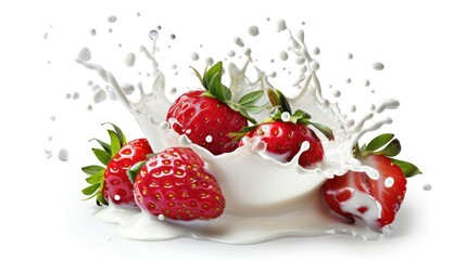 Fresh Strawberries Splashing in Milk