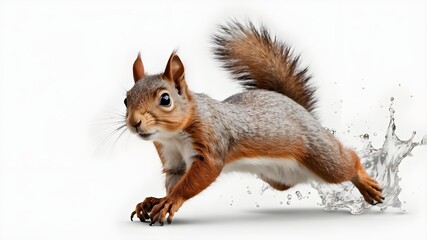 A transparent PNG of a grey-brown squirrel leaping on a white background