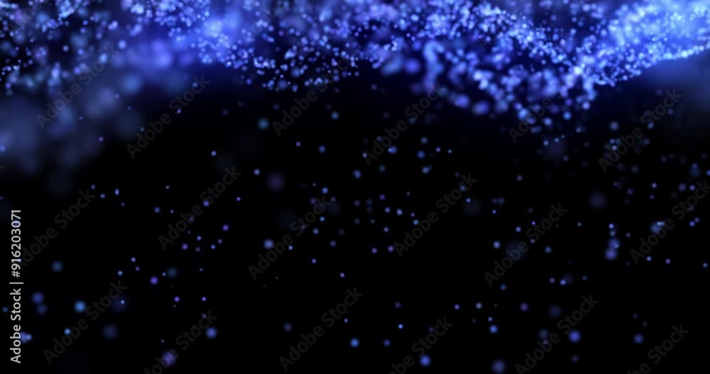 Poster Animation, cloud computing and data stream with blue particles on black background for communication. Digital, future and graphic with information technology or networking flow in dark cyberspace