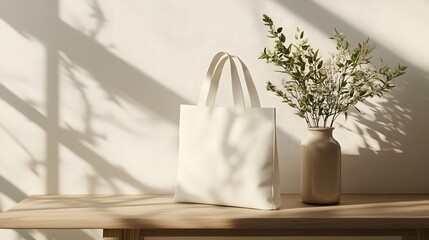 White tote bag mockup displayed on a light wooden table with a neutral background